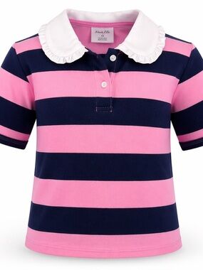Owillo Girls Polo Shirt Pink Navy Striped Peter Pan Collar XS NWT